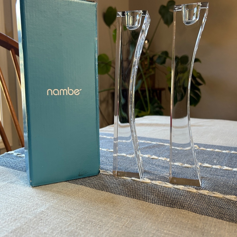 Nambe Clear Glass Taper Candle Holders